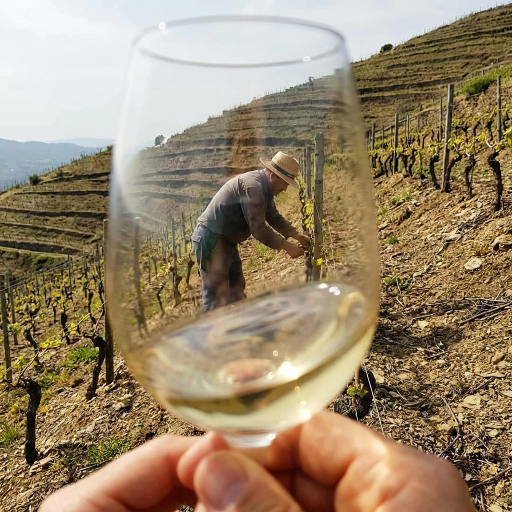 A hand holds a wine glass framing a worker tending vines on a terraced hill.